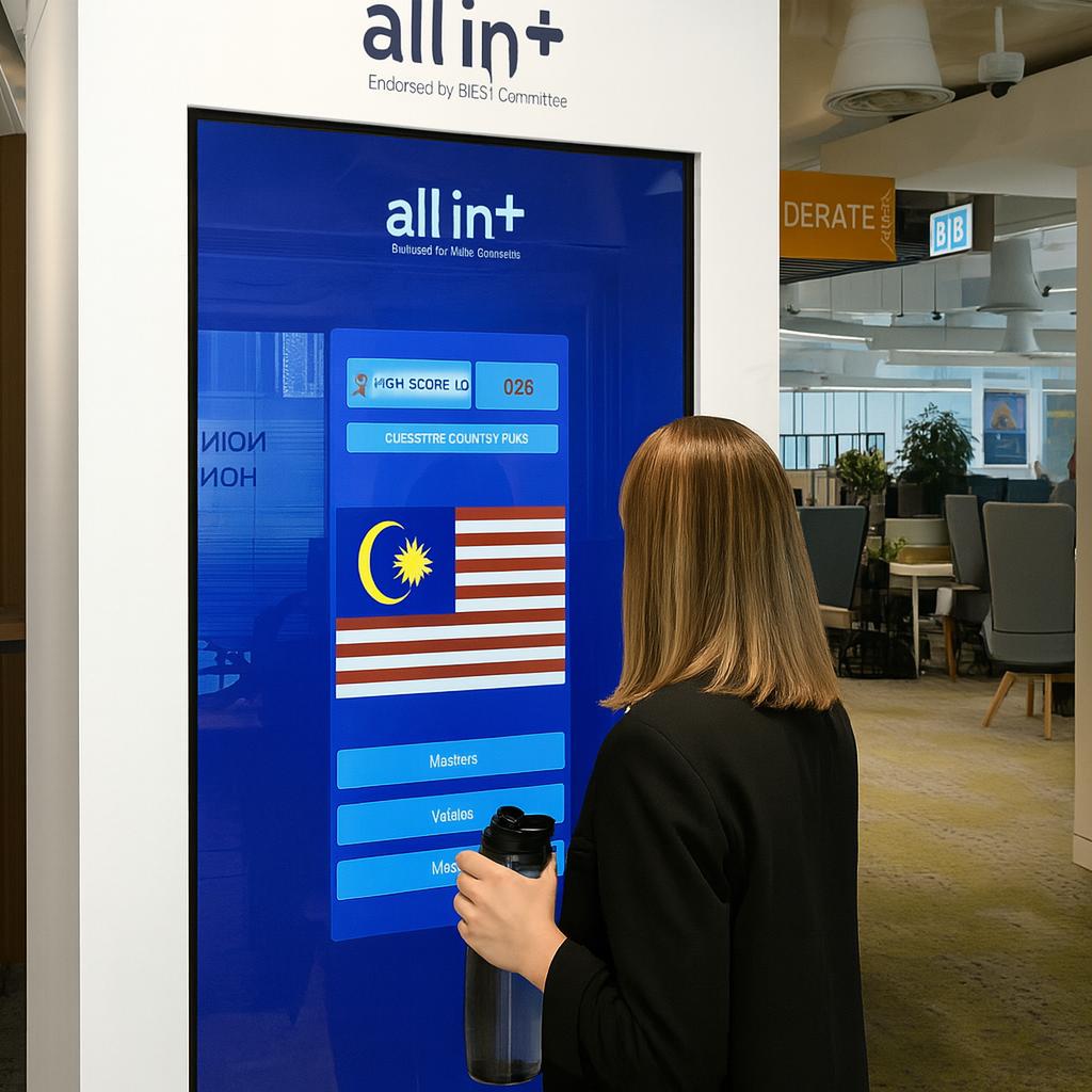 Participants playing the interactive Guess the Flag game at an event, engaging with a fun, branded quiz experience that tests geographical knowledge in a lively setting.